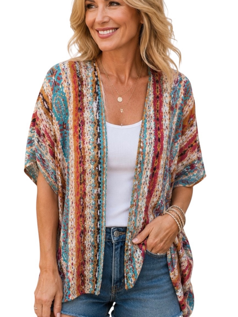 Savanna Jane SZ M/L Multicolor Boho Aztec Floral Embroidered Open Front Kimono